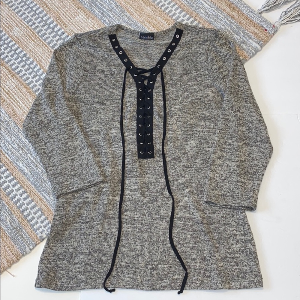 Zenobia Plus Lace Up V-Neck Marled Grey Top